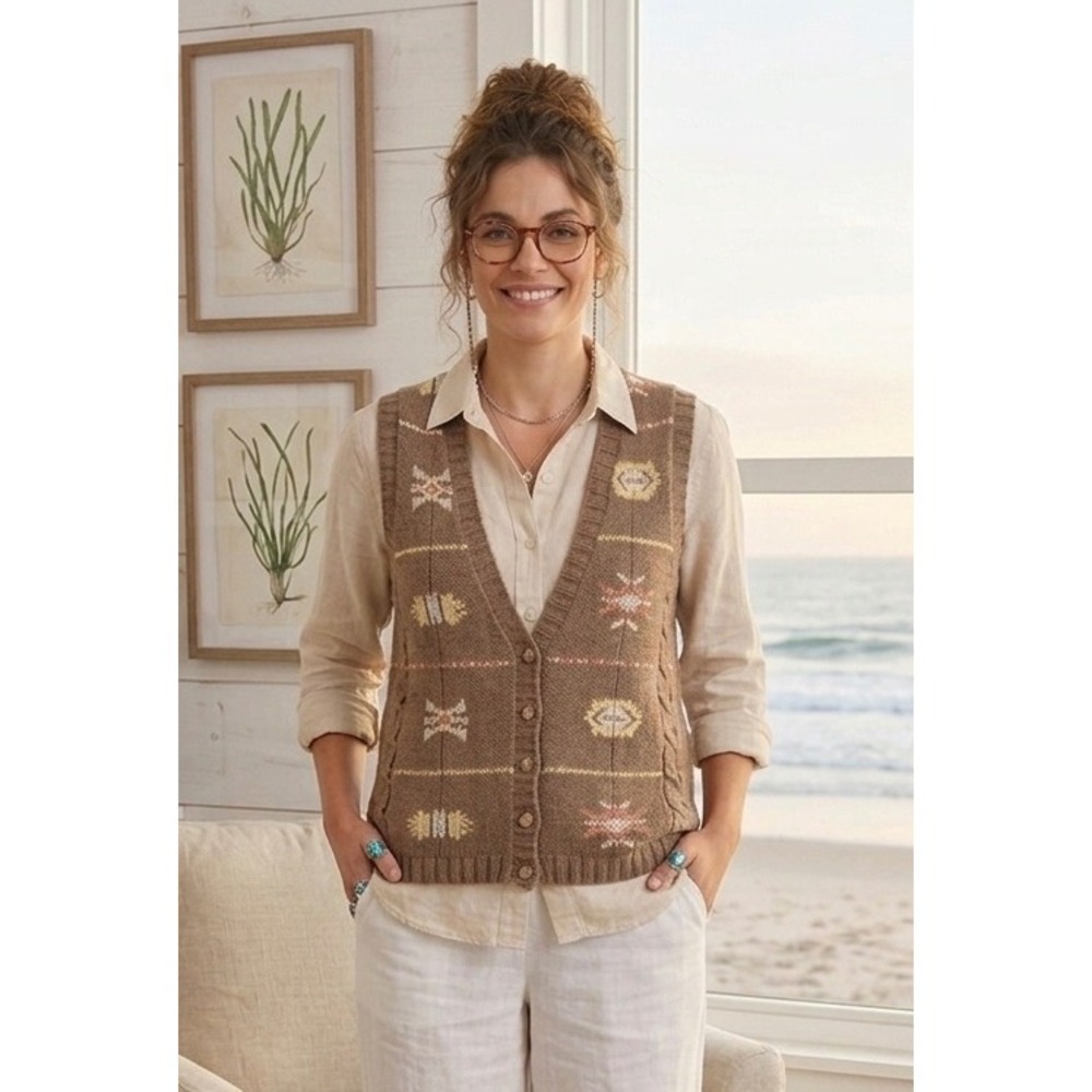 Vintage 80s Cambridge Dry Goods Knit Vest Womens M‎ Handknit Boho Cottage Shabby